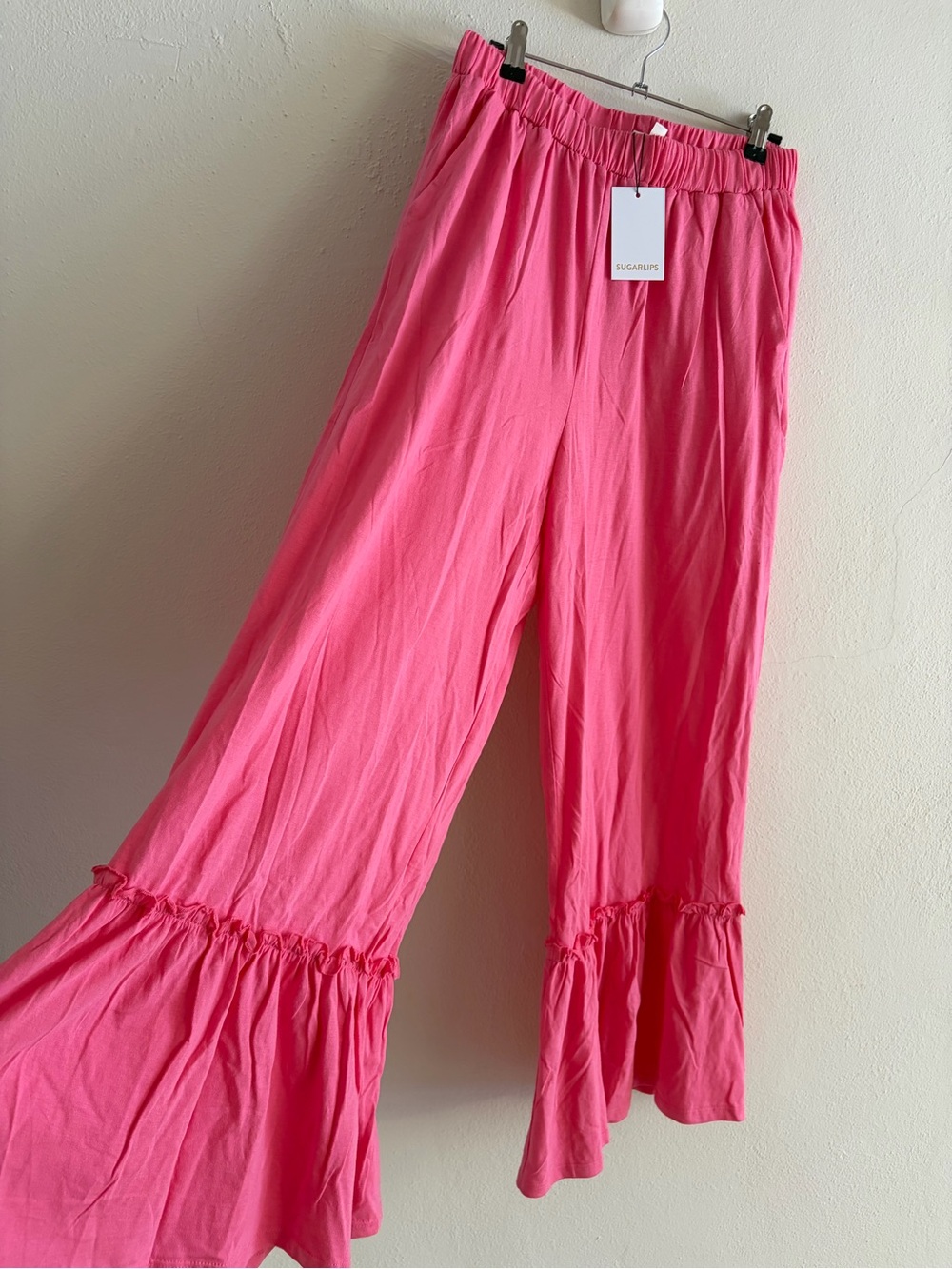 Sugarlips Bright Pink Ruffle-Hem Wide Leg Palazzo Pants